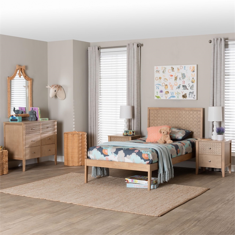 Baxton Studio Lara Twin 4-Piece Bedroom Set - Modern Wood Bed Frame oak Brown