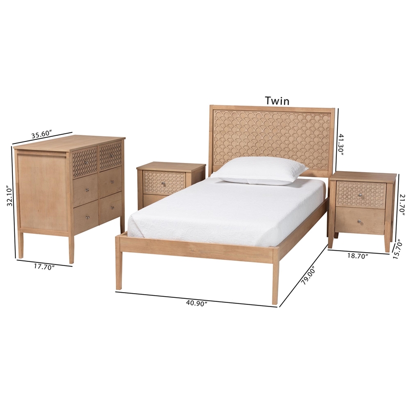 Baxton Studio Lara Twin 4-Piece Bedroom Set - Modern Wood Bed Frame oak Brown