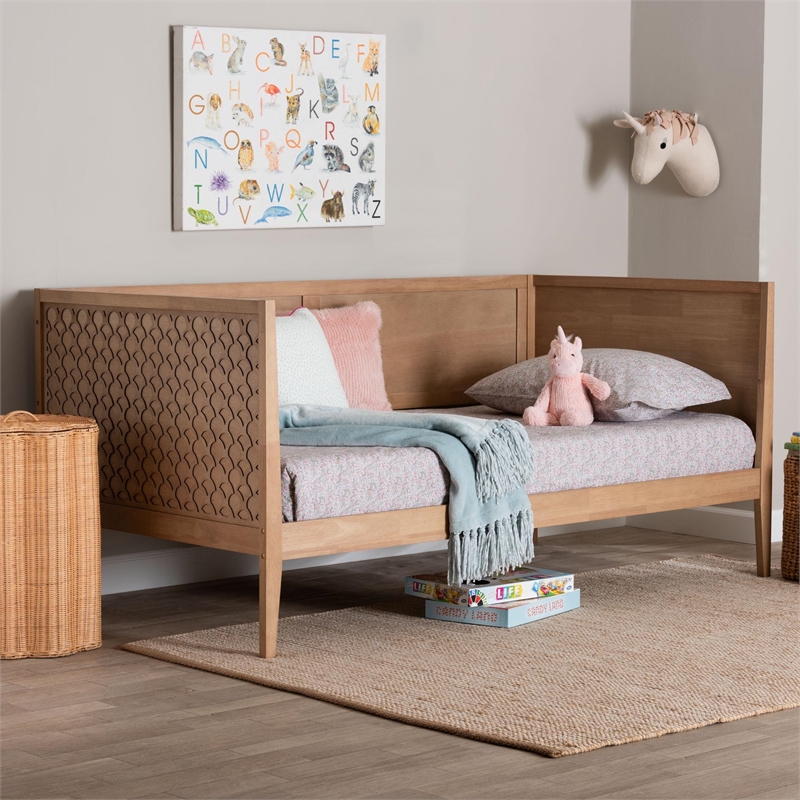 Baxton Studio Lara Twin Daybed - Modern Wood Bed Frame with Headboard Oak Brown