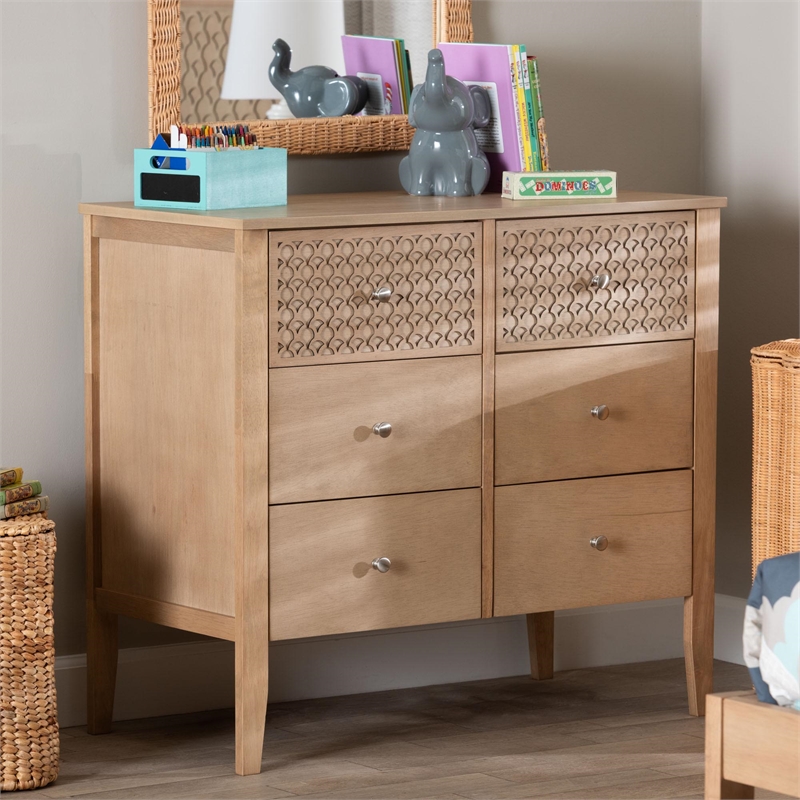 Baxton Studio Lara Dresser 6-Drawer Bedroom Storage Chest with Overlay Oak Brown