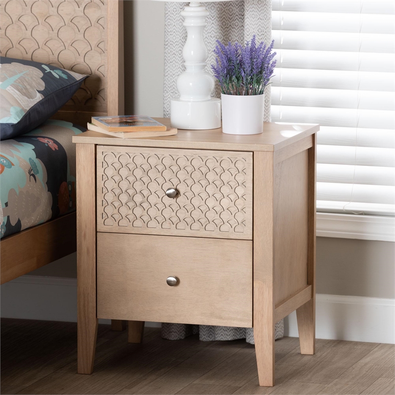 Baxton Studio Lara Nightstand 2-Drawer Bedside Table with Overlay Oak Brown