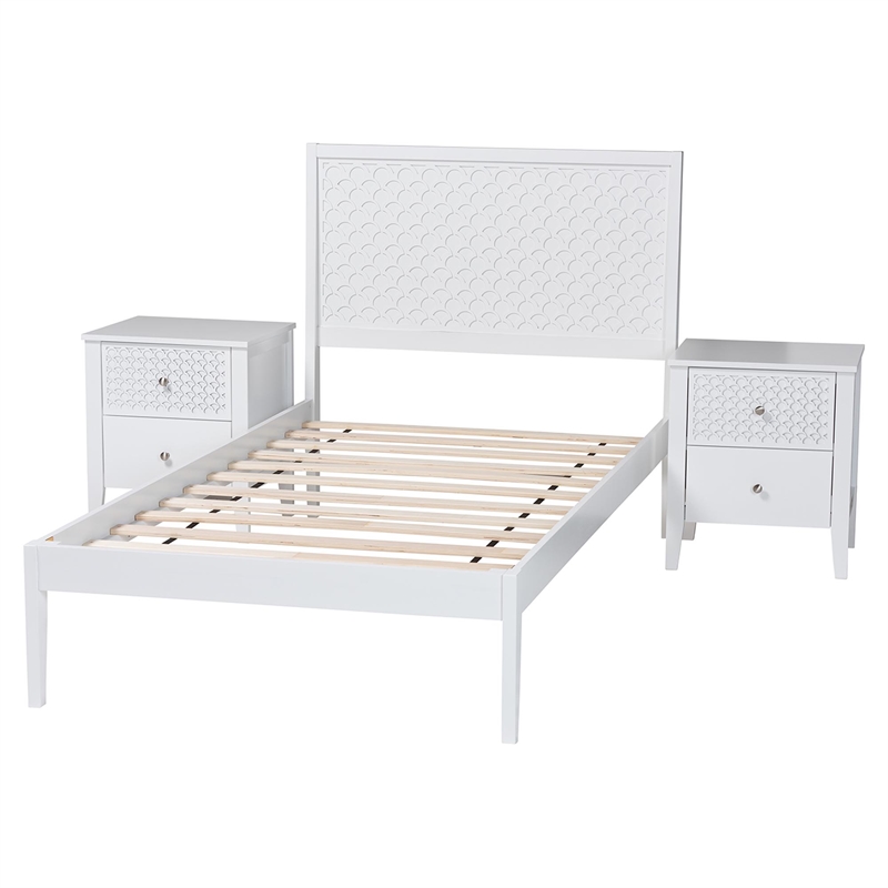 Baxton Studio Lara Twin 3-Piece Bedroom Set Wood Bed Frame with Nightstand White