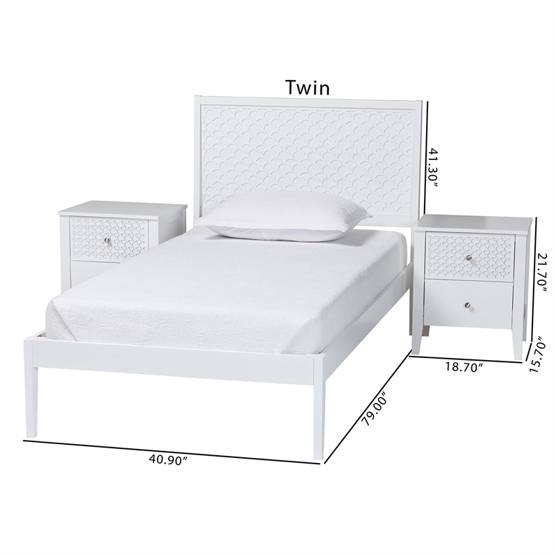Baxton Studio Lara Twin 3-Piece Bedroom Set Wood Bed Frame with Nightstand White