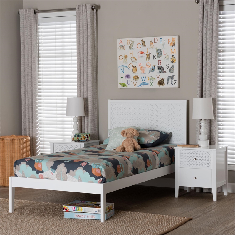 Baxton Studio Lara Twin 3-Piece Bedroom Set Wood Bed Frame with Nightstand White