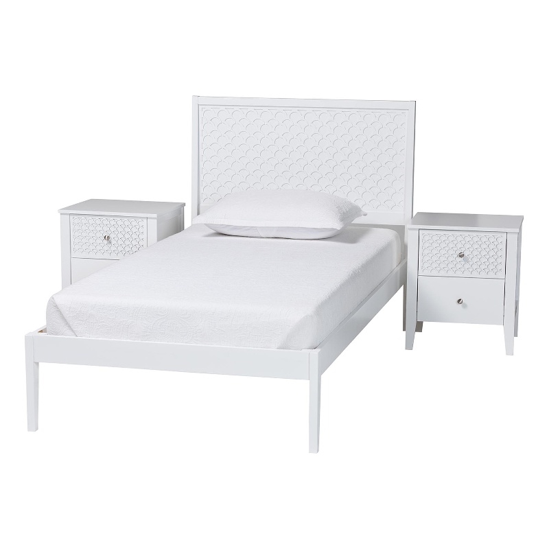 Baxton Studio Lara Twin 3-Piece Bedroom Set Wood Bed Frame with Nightstand White