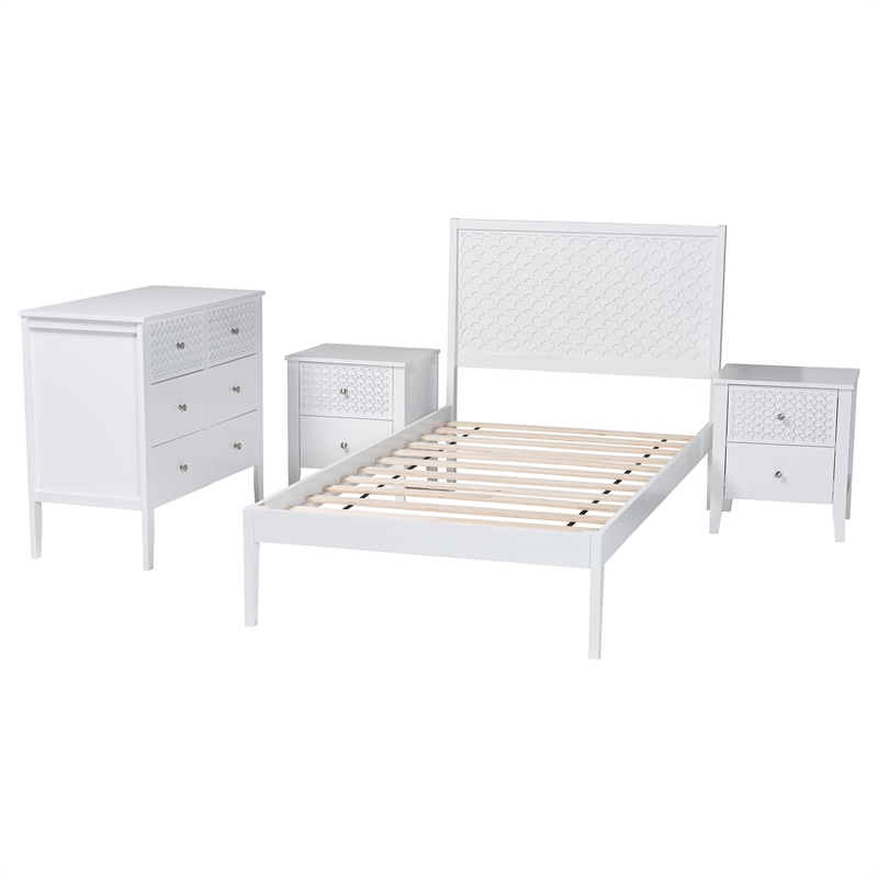 Baxton Studio Lara Twin 4-Piece Bedroom Set Wood Bed Frame with Nightstand White