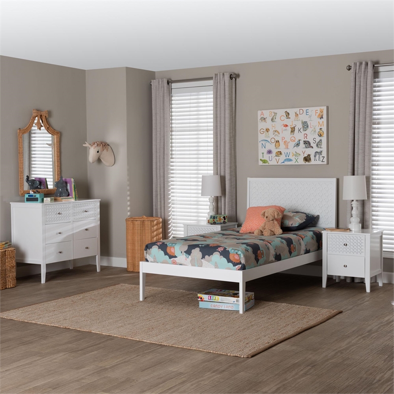 Baxton Studio Lara Twin 4-Piece Bedroom Set Wood Bed Frame with Nightstand White
