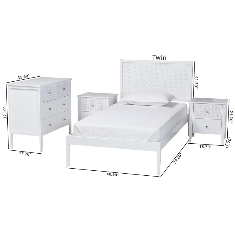 Baxton Studio Lara Twin 4-Piece Bedroom Set Wood Bed Frame with Nightstand White