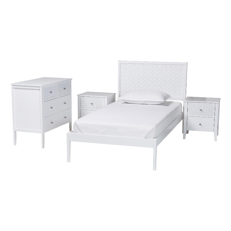 Baxton Studio Lara Twin 4-Piece Bedroom Set Wood Bed Frame with Nightstand White