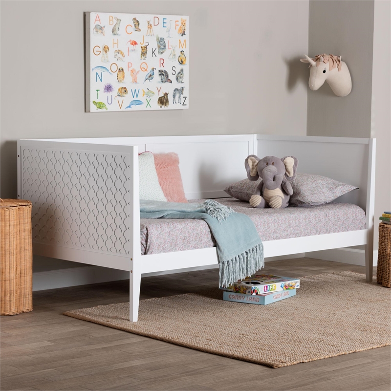 Baxton Studio Lara Twin Daybed Wood Bed Frame with Headboard Overlay White