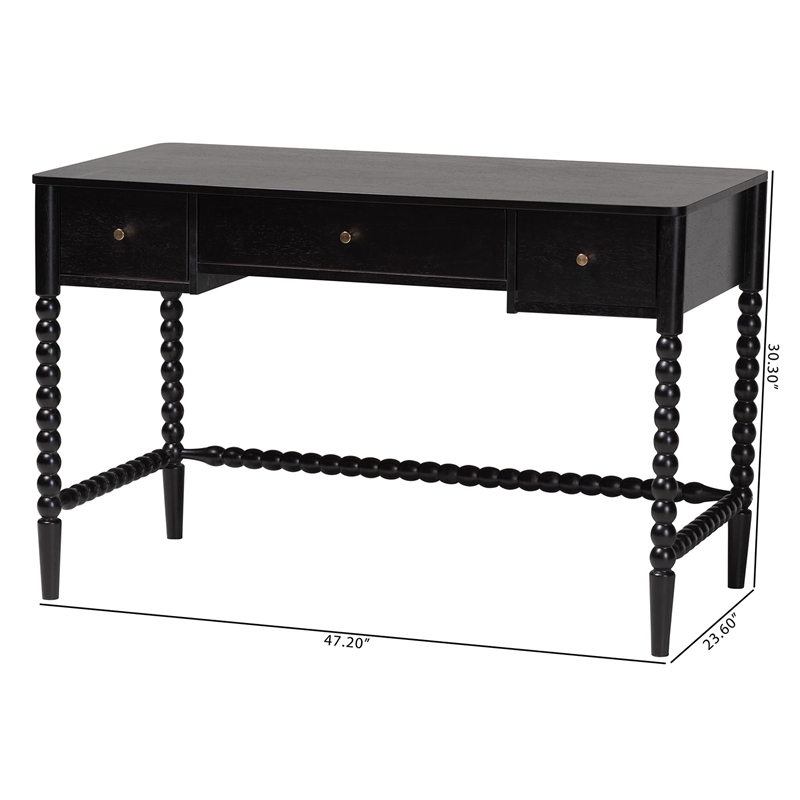 Baxton Studio Lucera Bobbin Writing Desk 3-Drawer Home Office Desk Black