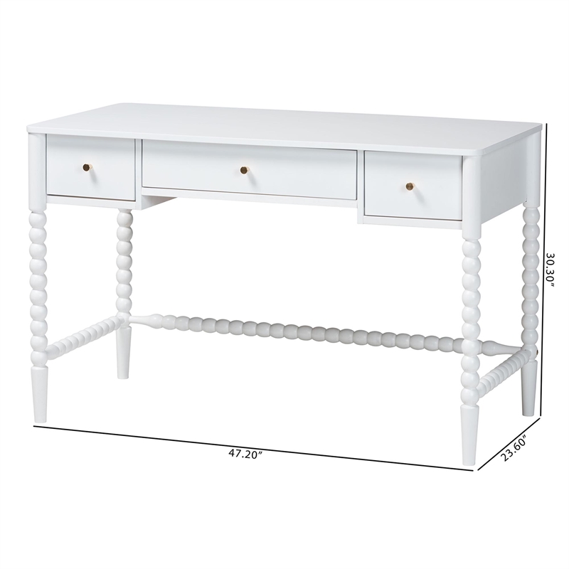 Baxton Studio Lucera Bobbin Writing Desk 3-Drawer Home Office Desk White