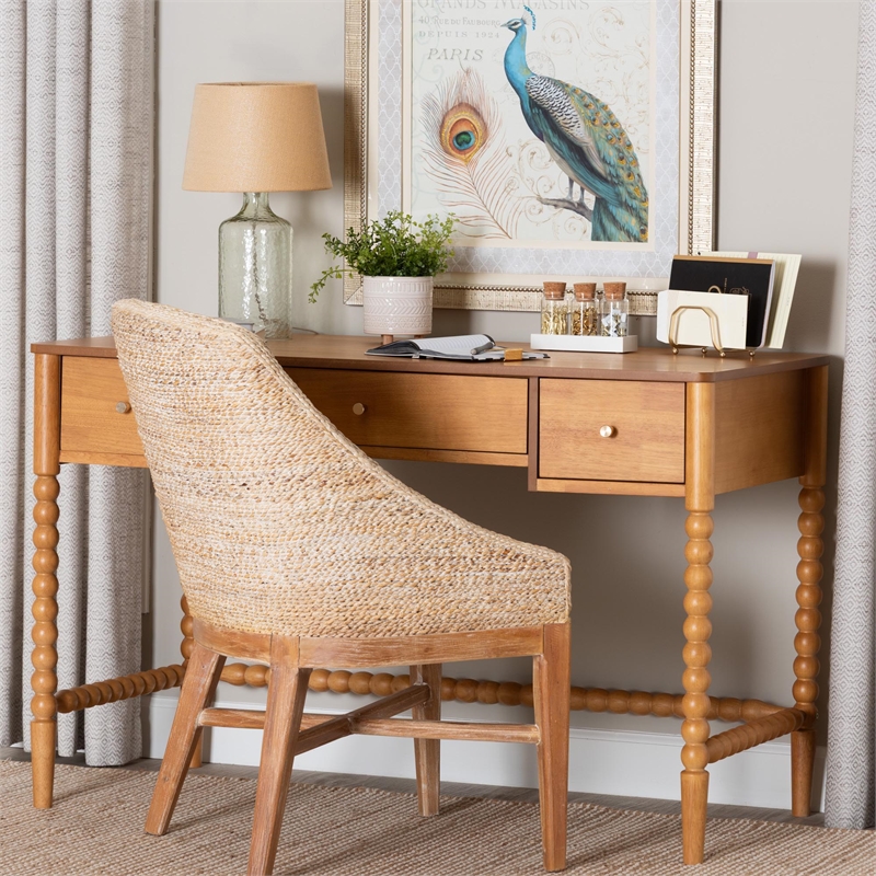 Baxton Studio Lucera Bobbin Writing Desk 3-Drawer Home Office Desk Oak Brown