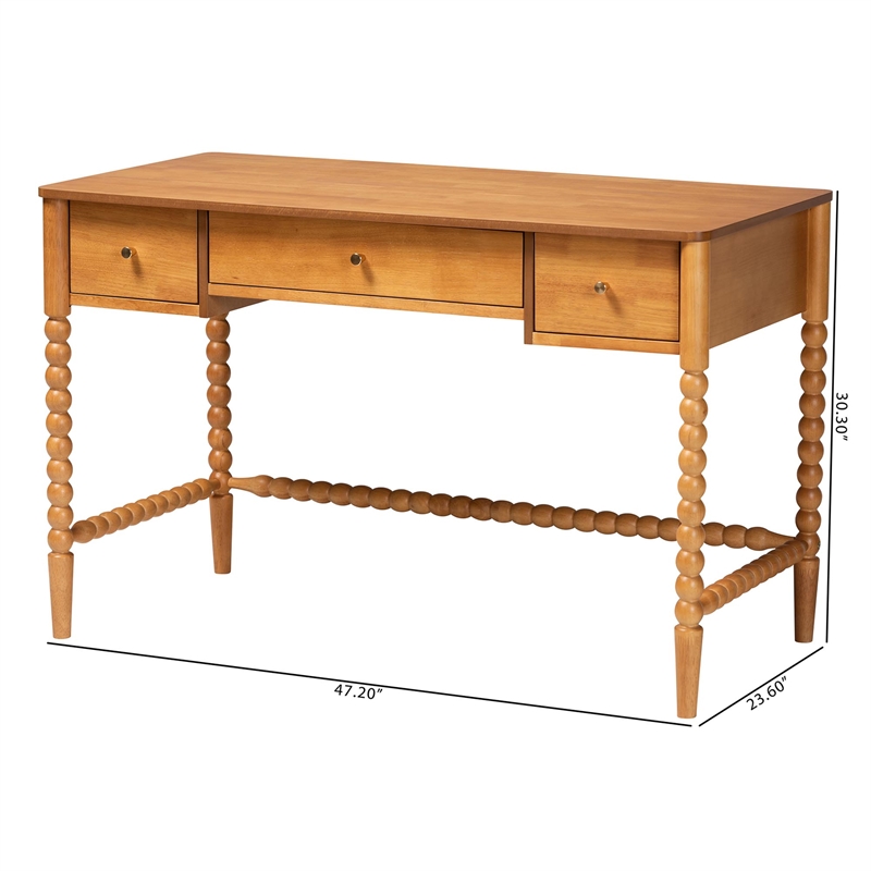 Baxton Studio Lucera Bobbin Writing Desk 3-Drawer Home Office Desk Oak Brown