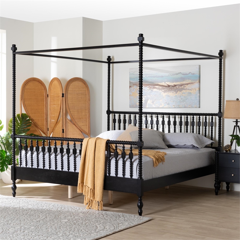 Baxton Studio Callison Spindle Canopy Bed Frame with Headboard Black King