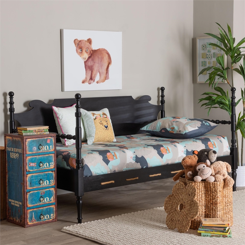 Baxton Studio Gaetano Wood Daybed with Turned Spindle Post Black Twin
