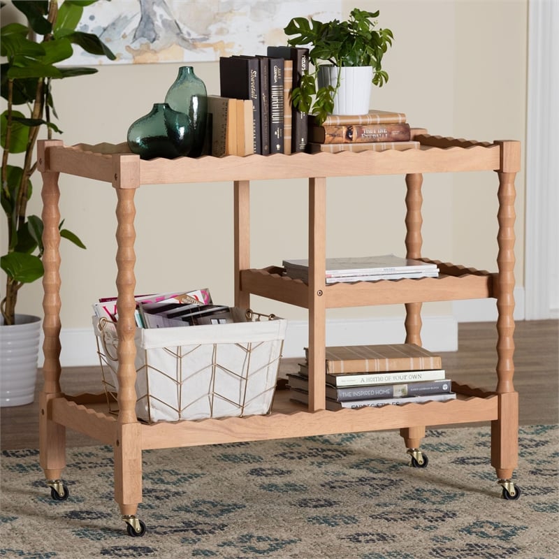 Baxton Studio Seamus 3-Tier Book Cart with Bobbin Frame Beech Brown