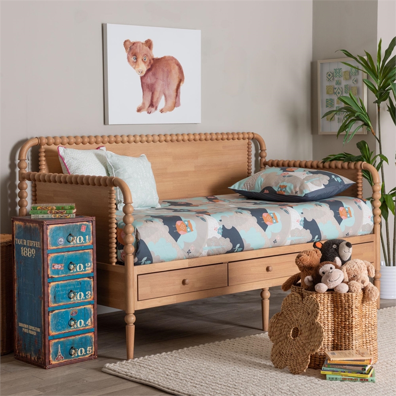 Baxton Studio Lucera 3-Drawer Daybed with Bobbin Frame Full Beech Brown