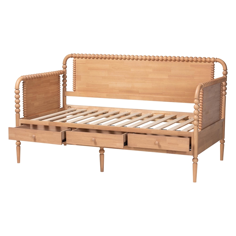 Baxton Studio Lucera 3-Drawer Daybed with Bobbin Frame Full Beech Brown