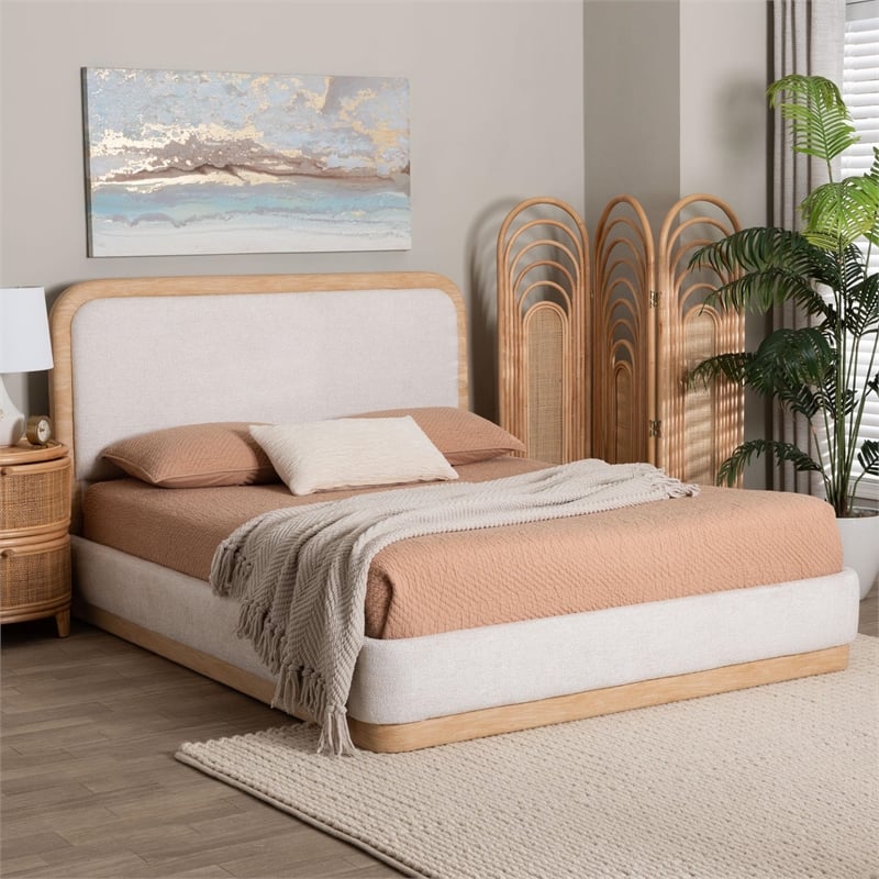 Baxton Studio Aiman Upholstered Platform Bed with Faux Leather Trim Queen