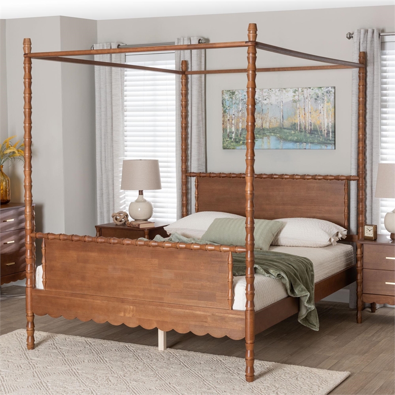 Baxton Studio Danette Bobbin Wood Canopy Bed Queen
