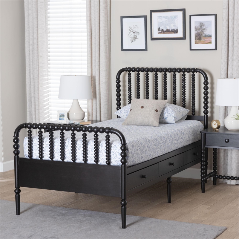 Baxton Studio Lucera 6-Drawer Platform Bed with Bobbin Frame Twin Black