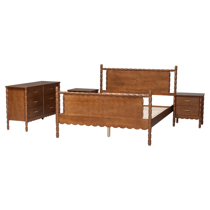 Baxton Studio Danette Bobbin Wood 4-Piece Bedroom Set with 2 Nightstands Queen