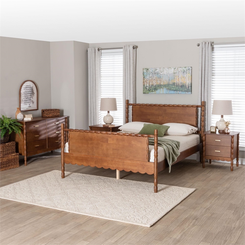 Baxton Studio Danette Bobbin Wood 4-Piece Bedroom Set with 2 Nightstands Queen