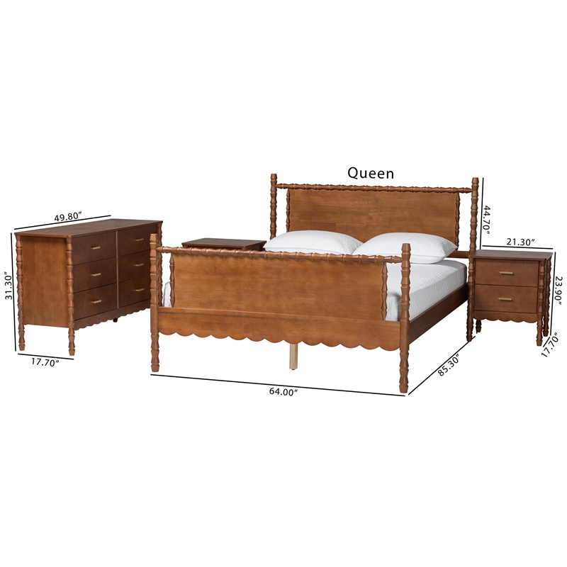 Baxton Studio Danette Bobbin Wood 4-Piece Bedroom Set with 2 Nightstands Queen