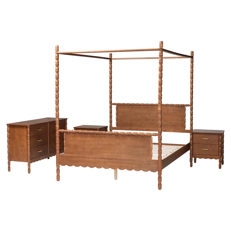 Baxton Studio Danette Bobbin Wood 4-Piece Canopy Bedroom Set Queen
