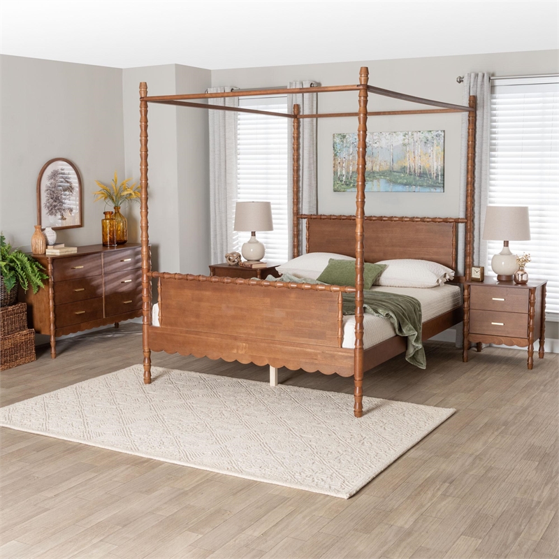 Baxton Studio Danette Bobbin Wood 4-Piece Canopy Bedroom Set Queen