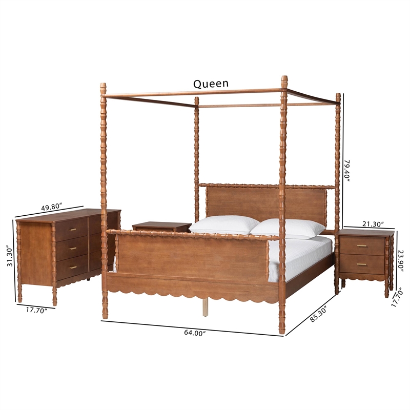 Baxton Studio Danette Bobbin Wood 4-Piece Canopy Bedroom Set Queen
