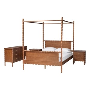 Baxton Studio Danette Bobbin Wood 4-Piece Canopy Bedroom Set Queen