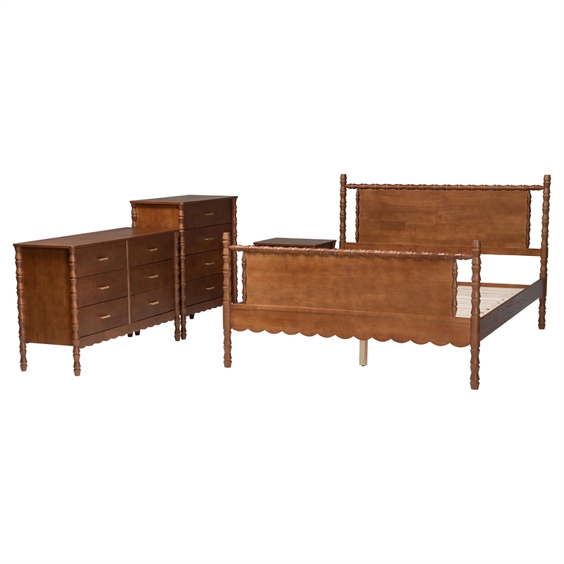 Baxton Studio Danette Bobbin Wood 4-Piece Bedroom Set with 1 Nightstands Queen