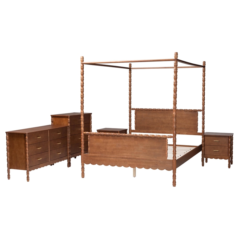 Baxton Studio Danette Bobbin Wood 5-Piece Canopy Bedroom Set Queen