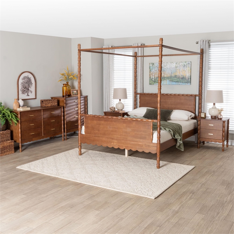 Baxton Studio Danette Bobbin Wood 5-Piece Canopy Bedroom Set Queen