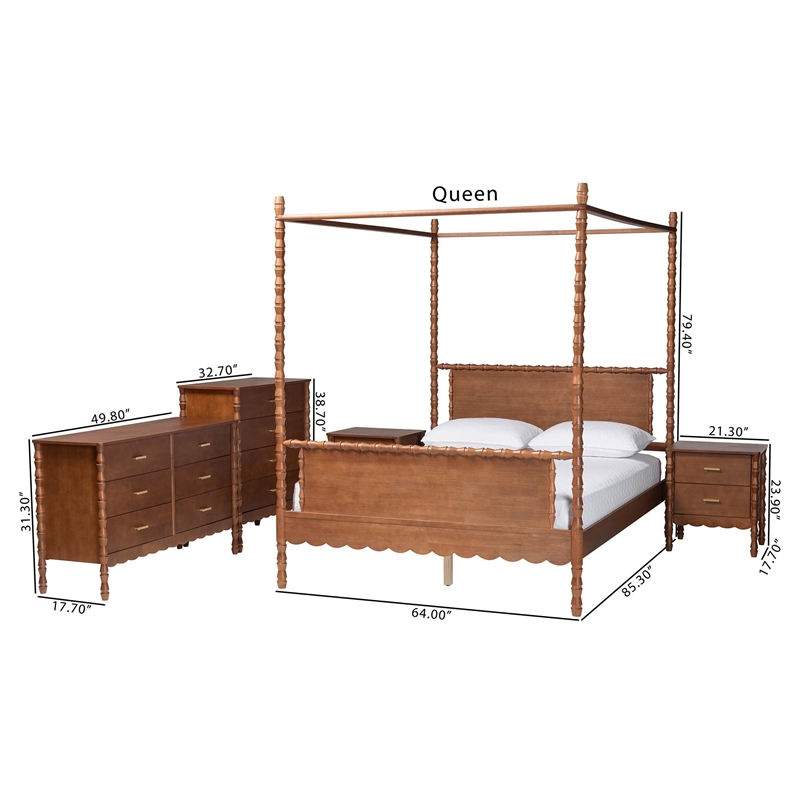 Baxton Studio Danette Bobbin Wood 5-Piece Canopy Bedroom Set Queen
