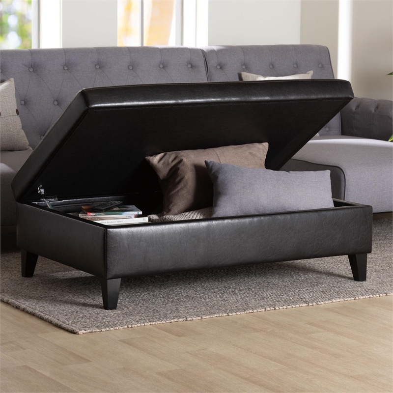Baxton Studio Sandusky Leather Storage Cocktail Ottoman in Dark Brown