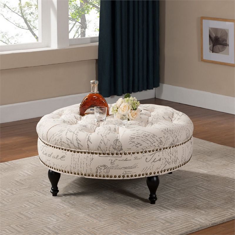 Palfrey Script Print Ottoman in Beige
