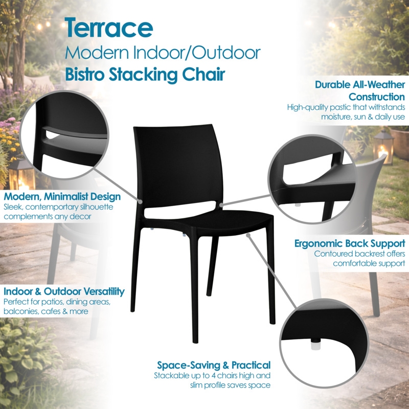 Niche Terrace Plastic Indoor/Outdoor Stacking Chair - 12 Pack - Black