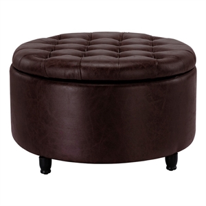 Niche Knight 28&quot Large Round Pintucked Storage Ottoman - Brown Faux Leather