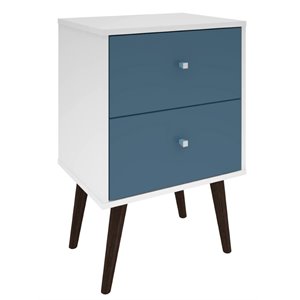 Manhattan Comfort Liberty 2-Drawer Solid Wood End Table in White/Aqua Blue