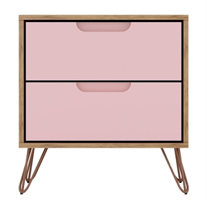 Manhattan Comfort Rockefeller 2-Drawer Wood Nightstand in Rose Pink & Natural