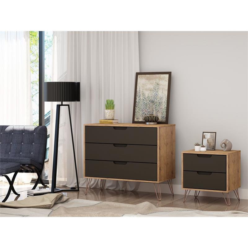 Manhattan Comfort Rockefeller Wood Dresser and Nightstand in Natural/Gray