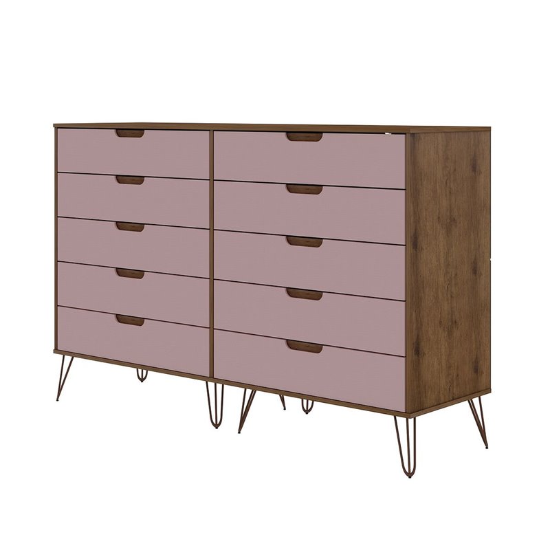 Manhattan Comfort Rockefeller 10-Drawer Wood Dresser in Pink/Natural
