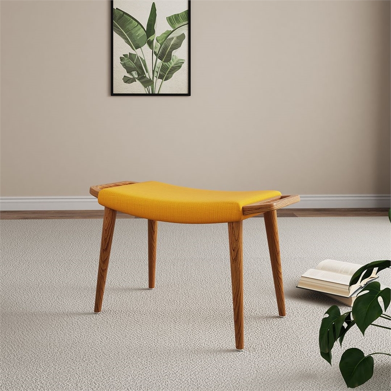 Manhattan Comfort Geta Linen Fabric/Wood Ottoman in Yellow/Antique Walnut