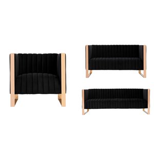 Manhattan Comfort Trillium 3-Piece Velvet Sofa Set in Black/Rose Gold