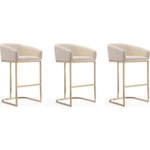 Manhattan Comfort Louvre 30&quot Faux Leather Barstool in Cream/Gold (Set of 3)