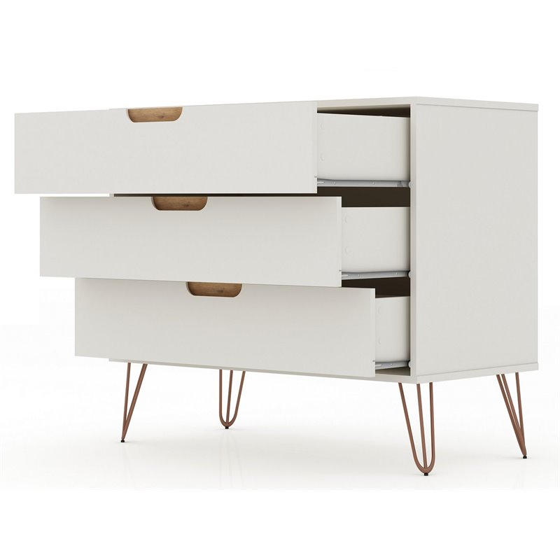 Manhattan Comfort Rockefeller 3-Drawer Wood Dresser Off White/Nature (Set of 2)