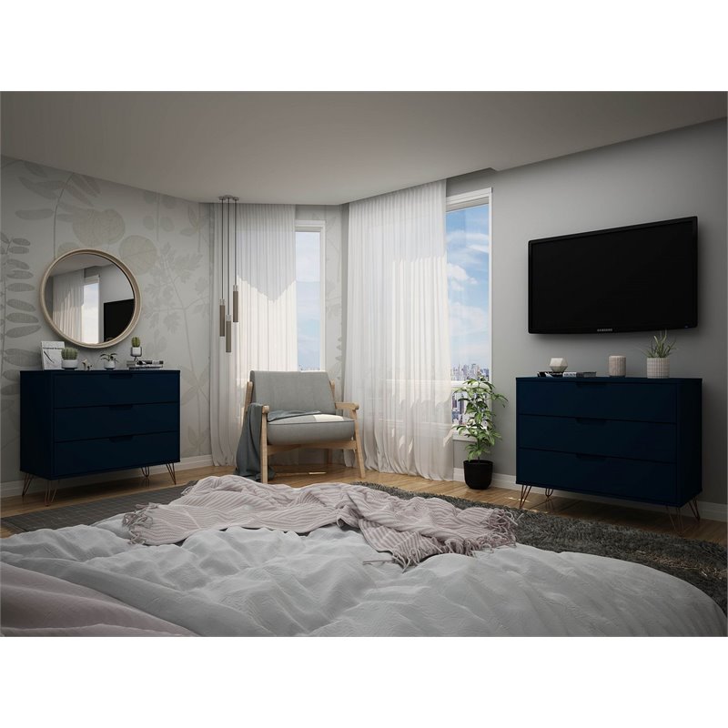 Manhattan Comfort Rockefeller 3-Drawer Wood Dresser in Blue (Set of 2)